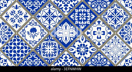 Seamless colorful patchwork tile with Islam, Arabic, Indian,   Mediterranean motifs. Portuguese, Spain decor. Ceramic tile in talavera style. Vector Stock Vector