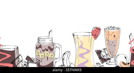 Peach, creamy banana, berry, chocolate smoothie, milkshake mix. Vector seamless banner hand drawn in ink. Ice cream shop graphics, dessert bar Stock Vector
