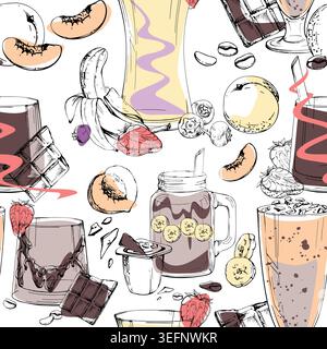 Seamless pattern of banana, berry, chocolate and peach beverages, assorted fruit toppings, cocoa milkshake glasses. Hand drawn ink vector. Ice cream Stock Vector