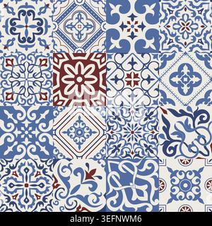Set of 16 tiles Azulejos. Seamless patchwork tile with Victorian motifs. Ceramic tile in talavera style. Gaudi mosaic. Vector Stock Vector