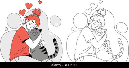 Person hugging cat with floating hearts illustration Vector Stock Vector