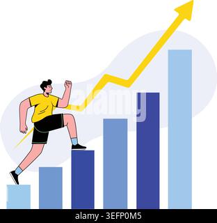 Man celebrating success climbing colorful bar chart growth Vector Stock Vector