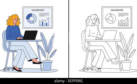 woman, working, laptop, dashboard, analytics, display, office, business, charts, graph, computer, workplace, professional, data, statistics, illustrat Stock Vector