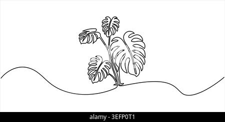 Continuous line drawing of a monstera plant, minimalist black and white single line art vector illustration of tropical houseplant leaves. Stock Vector