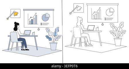 Woman working on laptop with data charts and analytics in office Vector Stock Vector