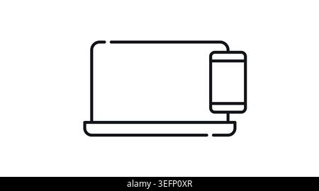 Laptop and smartphone icon: portable computer with mobile phone, minimalist black line art vector illustration for responsive design and data sync. Stock Vector