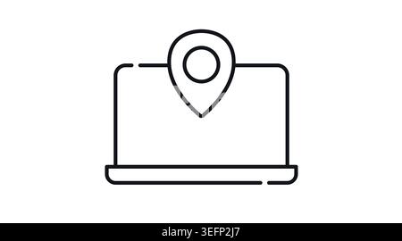Laptop with location pin icon: portable computer with GPS map pointer on screen, minimalist black line art vector illustration. Stock Vector