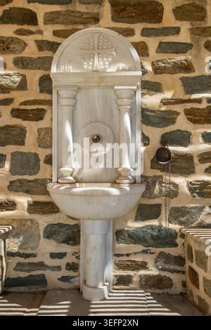Ornate White Marble Fountain, Mount Athos, Greece Stock Photo