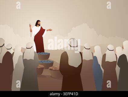 Biblical vector illustration series, Jesus feeds the five thousand or feeding the multitude Stock Vector