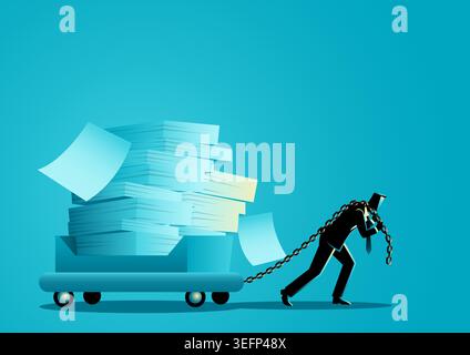 Businessman Dragging Huge Stack of Paperwork Workload Stress Deadline Concept Illustration Stock Vector