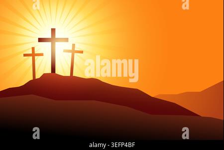 Three crosses on calvary hill with sun rays, crucifixion of Jesus Christ, christian easter, faith, Good Friday illustration Stock Vector