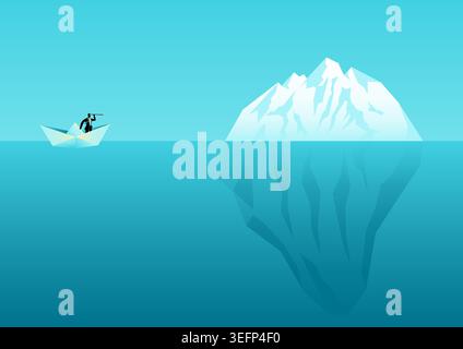Conceptual illustration of a man in a small boat facing a massive iceberg, symbolizing hidden danger, unseen risks, and strategic decision making. Ide Stock Vector