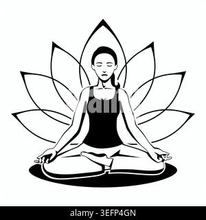 Minimal black and white illustration of a woman meditating in lotus pose with a lotus flower background, symbolizing mindfulness, balance, and inner p Stock Vector