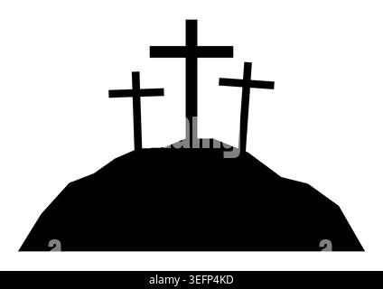 Three Crosses on Hill symbol, Crucifixion of Jesus Christ Calvary Christian Symbol Stock Vector