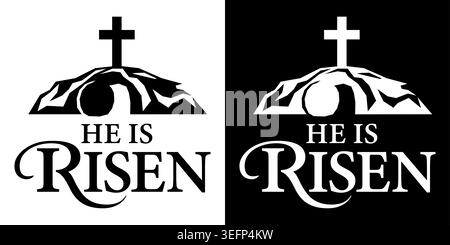 He Is Risen typography with empty tomb and cross in simple black and white, Easter Resurrection Christian symbol. Stock Vector