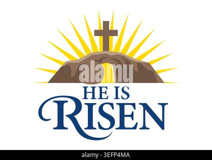 He Is Risen typography with empty tomb and cross, Easter Resurrection Christian symbol. Stock Vector