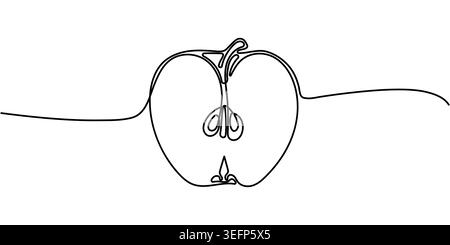 Continuous line drawing of an apple half slice, minimalist black and white single line art vector illustration of fresh fruit. Stock Vector
