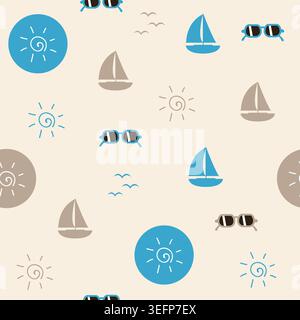 seamless pattern beach life sail boat sunglasses and sun symbol illustration Stock Photo