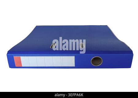 Blue file case featuring a label holder and finger hole, used for organizing and storing paper documents, isolated on a white background. Stock Photo