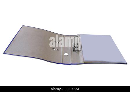 Blue ring binder standing open on a white background, storing many blank documents for office or home organization. Isolated Stock Photo