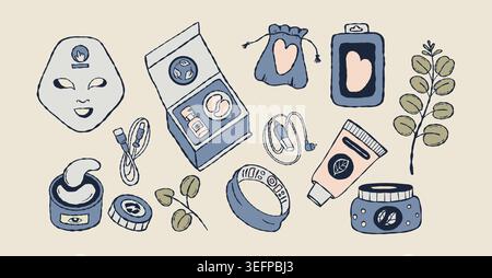 Tech Wellness and Biohacking Gadgets Set. LED Face Mask, Smart Ring, Reusable Eye Patches, Heart-shaped Gua Sha Stone and Serum Tube. Modern Self Care Stock Vector