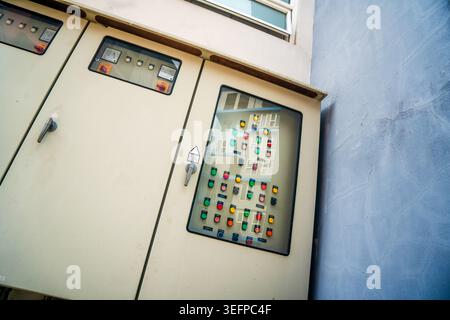 This image features an industrial electrical control panel with various switches, buttons, and meters, used for managing electrical systems and machin Stock Photo