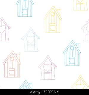 Vector seamless pattern with cute blue and ping birdhouses with door and chimney. Graphic spring house, easter hand drawn illustration isolated on Stock Vector