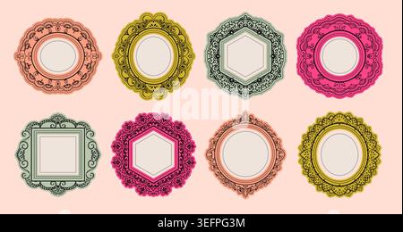 Decorative mirror in invarious decorative elegant vintage ornate frames. Hand drawn photo mirror different frames. Royal border vector round mirrors Stock Vector