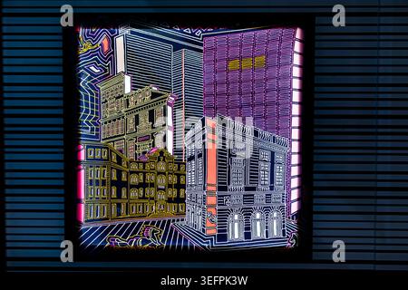 Illuminated square panel with neon abstract city building line art illustration on a dark black wall background Stock Photo