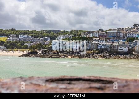 Scenic view of St Ives coastal town and sandy beach in Cornwall. Lyme Regis, UK, 4 July 2024 Stock Photo