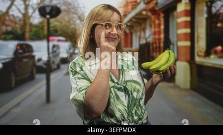 Middle age hispanic blonde woman holds bananas in one hand and points finger to glasses with the other on a street with parked cars and storefronts; p Stock Photo