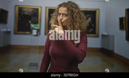Woman with curly hair pressing finger to lips shushing in gallery building, burgundy top and framed paintings visible; quiet reflection. Stock Photo