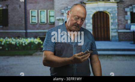 Man holding smartphone with one hand and gesturing with the other while looking down in a studio setting; concerned contemplation. Stock Photo