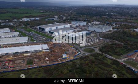 Datacenter in Cardiff Wales, aerial view at sunset. Stock Photo