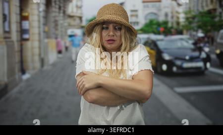 Woman with hands covering mouth on a street wearing straw hat and white dress, arms drawn to chest; surprise vulnerability. Stock Photo
