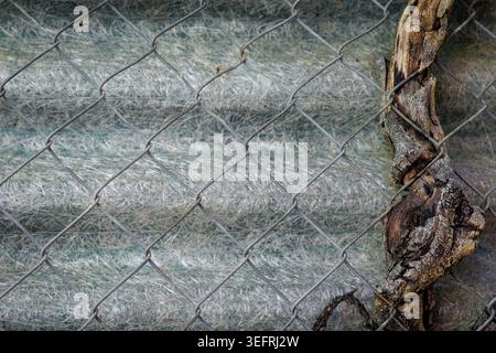 metal fence with weathered wood and corrugated fiberglass roofing sheet background texture. Stock Photo