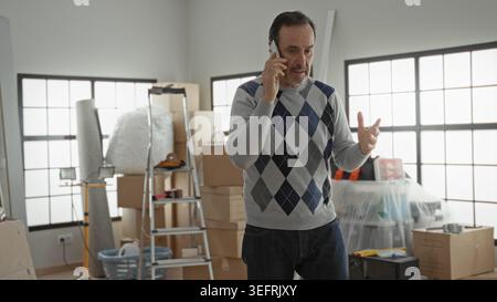 Man talking on smartphone while gesturing with hand amid stacked cardboard boxes in building;moving stress frustration. Stock Photo
