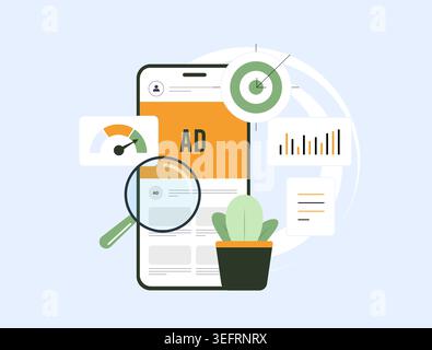 Ad analytics dashboard campaign performance and metrics on mobile screen. Ad analytics dashboard displays targeting data conversion tracking and marketing results for optimization vector illustration. Stock Vector