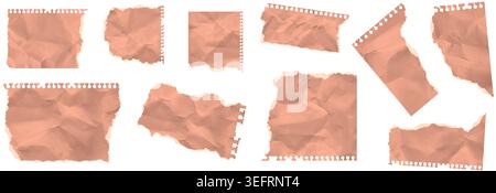 Set of pieces of torn note paper. Colored tan crumpled notebook newspaper sheet rip collage elements. Wrinkle torn paper collection for art reminder w Stock Vector