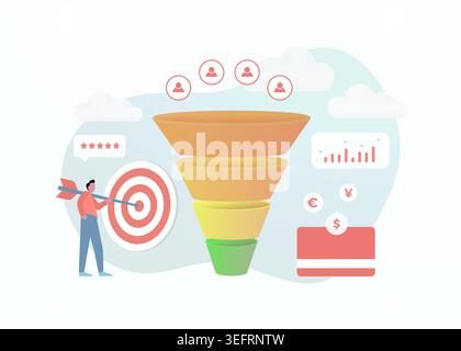 Customer conversion funnel - lead generation concept. Increase website conversion sales rate. Optimizing online advertising, digital marketing strategy to reach larger audience. Vector illustration. Stock Vector