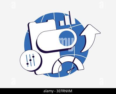 Speed Up The Internet Connection. Manage advanced network settings on mobile phone. Website performance optimization. User experience score, Web browser with speedometer indicator isolated vector icon Stock Vector