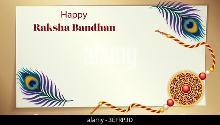 Editable Raksha Bandhan horizontal banner with rakhi and peacock feathers on paper, bronze background with copy space for social media, ads and web. Stock Vector