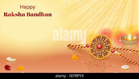 Editable Raksha Bandhan horizontal banner with rakhi threads on background with golden light streams and copy space for social media, ads and web. Stock Vector