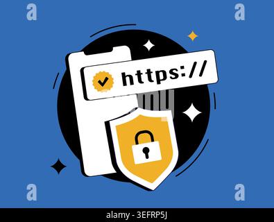 Secure website concept, HTTPS padlock, SSL certificate, internet security, https encrypted connection, online data protection. Isolated vector illustration on blue background with icons. Stock Vector