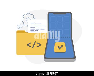 Apps Development For Foldable Devices. Design and Develop Mobile App for foldable mobile phones with dynamic screen orientation, cross-screen adaptive layout design. Isolated flat vector illustration. Stock Vector