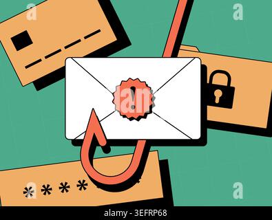 E-mail phishing illustration - fraud alert and malware notification. Scam emails with hooks and trojan viruses, highlighting the risks of e-mail spam. Vector illustration, neobrutalism design. Stock Vector