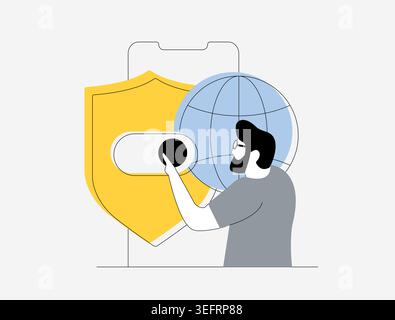 Smartphone security, mobile firewall icon. VPN gateway cybersecurity for mobile devices, firewall shield symbol and mobile privacy protection. VPN network security isolated vector outline illustration Stock Vector