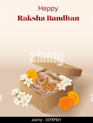 Editable Raksha Bandhan banner with rakhi in kraft gift box decorated with jasmine and marigold flowers and copy space for social media, ads and web. Stock Vector