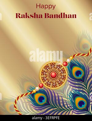 Editable Raksha Bandhan banner with rakhi and peacock feathers on golden glow background and copy space for social media, ads and web. Stock Vector