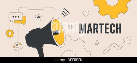 Martech solutions and technology marketing concept. Key trends include automation software, data analytics and marketing strategy integration. Martech ecosystem strategies vector header illustration. Stock Vector